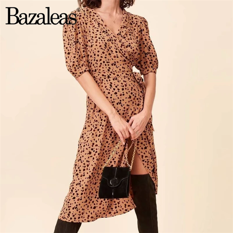 Винтажное женское платье Bazaleas с разрезом и поясом модные платья рукавами