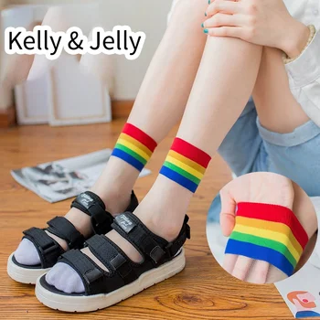 

6 pairs Summer thin mid tube tide socks rainbow socks college style glass fiber crystal stockings color stripe female socks