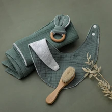 Couverture d'emmaillotage Double face en coton pour bébé, 5 pièces, serviette de bain pour nouveau né, ensemble de bavoirs en bois de hêtre, jouet de dentition, couverture enveloppante pour bébé