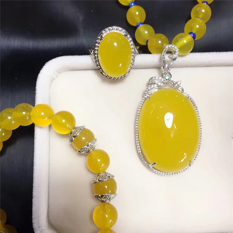 LETSFUN Fine Jewelry 925 Серебряный инкрустированный натуральный халцедон кулон ожерелье кольцо браслет набор подарки