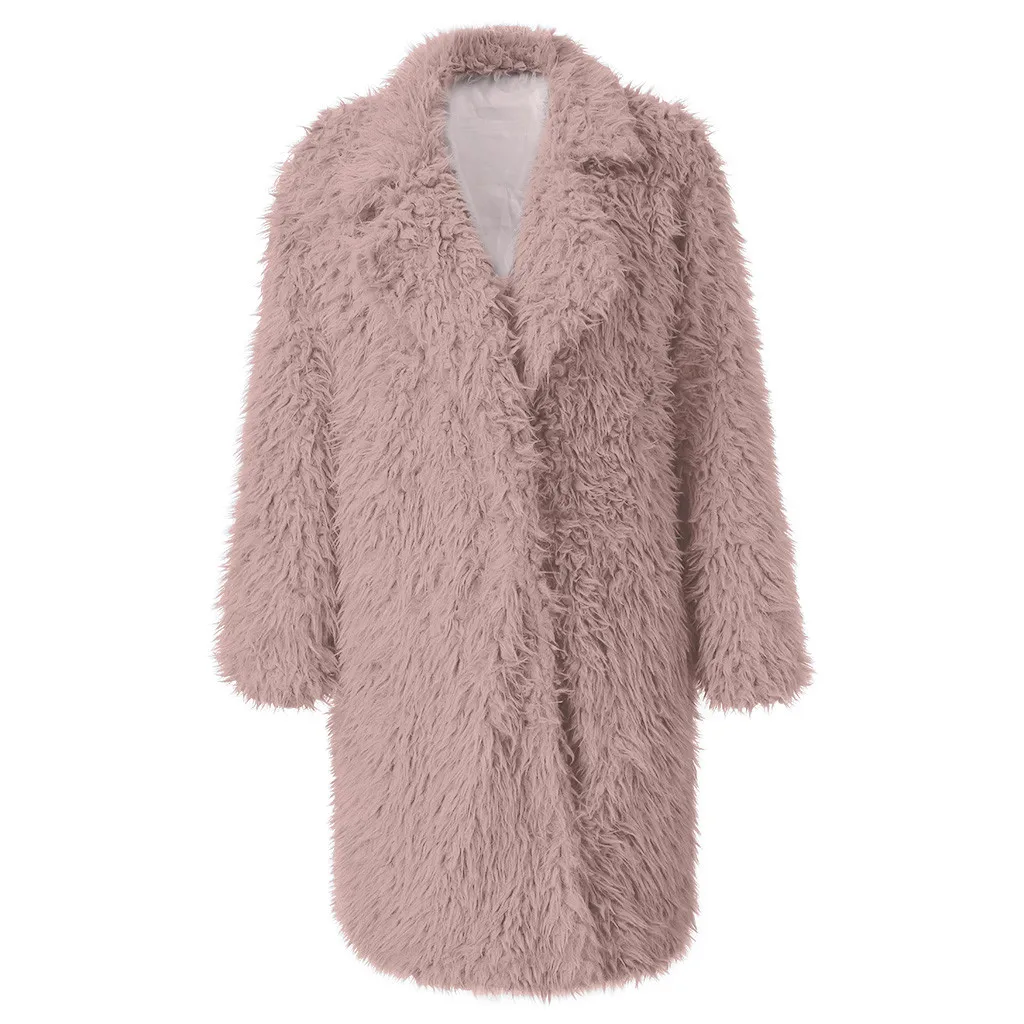 Женская куртка с лацканами Пушистый Плюшевый флис розовый длинное пальто ветровка Повседневная Femme новая зимняя теплая верхняя одежда размера плюс 19Sep - Цвет: Pink