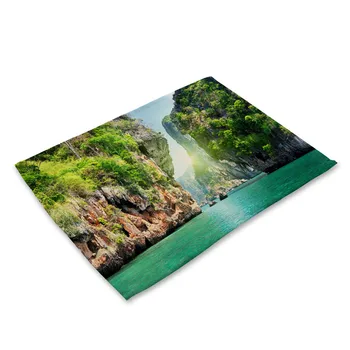 

Landscape Printed Cotton Linen Dining Table Mat Tree Mountain Drink Coaster Cotton Linen Pads Bowl Cup Mats