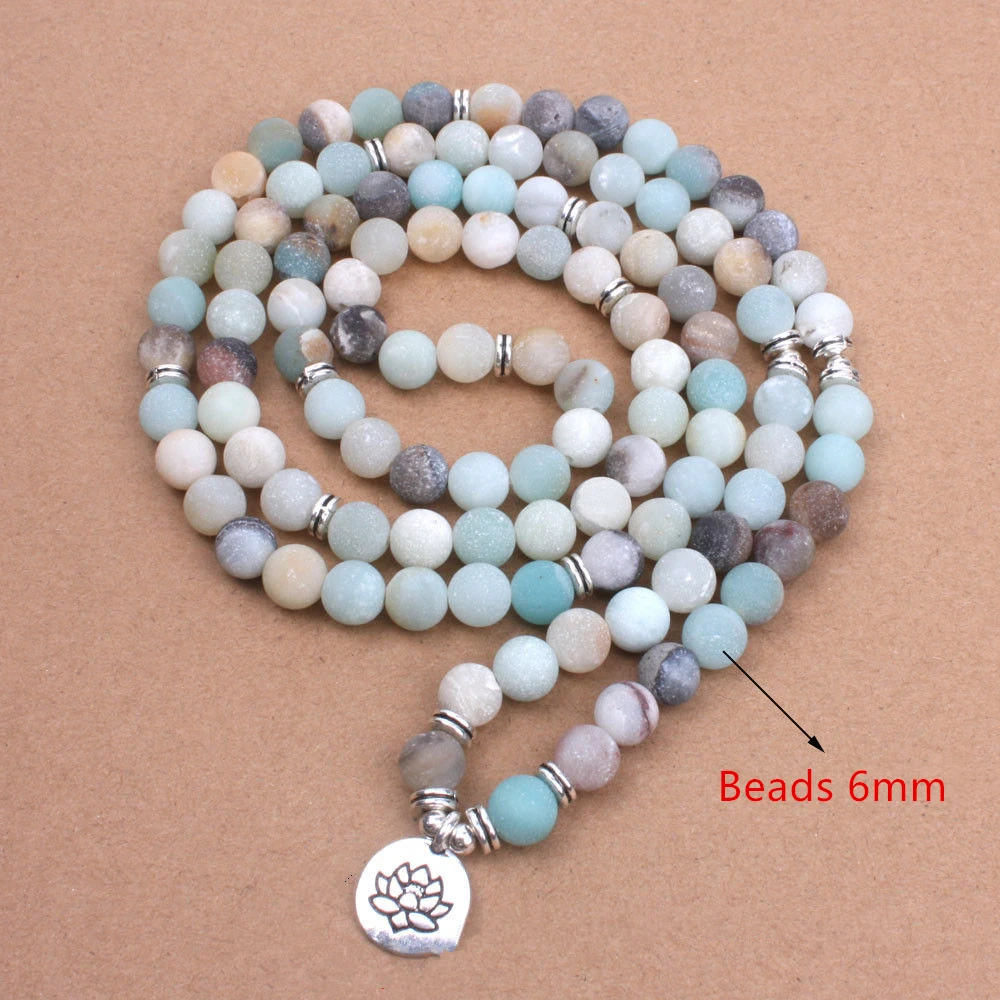 Women's Bracelet Amazonite Prayer Beads Energy with Lotus OM Buddha Yoga Bracelet 108 Mala Meditation Necklace Jewelry Bijoux