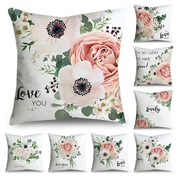 

Pink Love Flower Letter Pattern Printed Pillow Cover Polyester Fiber Soft Car Sofa Home Decoration Pillow Cover