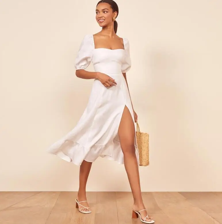 Осеннее винтажное белое платье, женское модное однотонное платье с квадратным воротником, а-силуэт, сексуальные вечерние платья с разрезом по бокам, праздничное женское платье, vestidos robe - Цвет: White