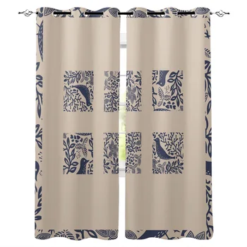 

Classic Blue Yellow Bird Leaf Grid Modern Luxury Curtains Living Room Bathroom Kitchen Curtains Household Products