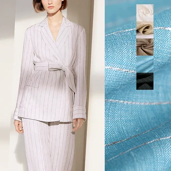 

140CM Wide 260G/M Stripe Print Brown Blue White Linen Pants Dress Shirt Blouse Jacket Fabric E1093