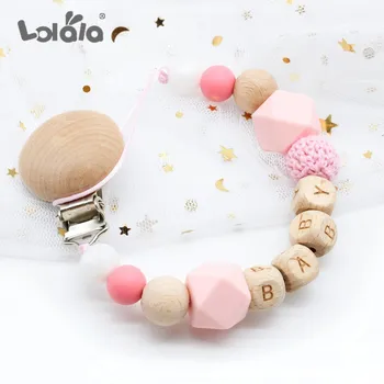 

Custom name Personalised pacifier chain holder Dummy pacifier clips natural organic crochet wood beads beech baby shower gift