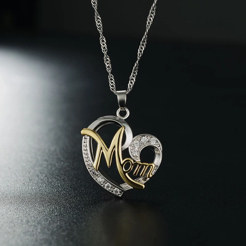 1 Piece Hanging Heart Shape Mom Water-wave Chain Pendant Necklace Setting Cubic Zirconia Golden Color for Mother's Day | Украшения и