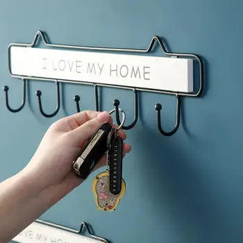 

6/5/4 Hooks Iron Door Back Key Hooks I Love My Home Printed Clothes Hanger Puch Free Decorative Wall Hooks