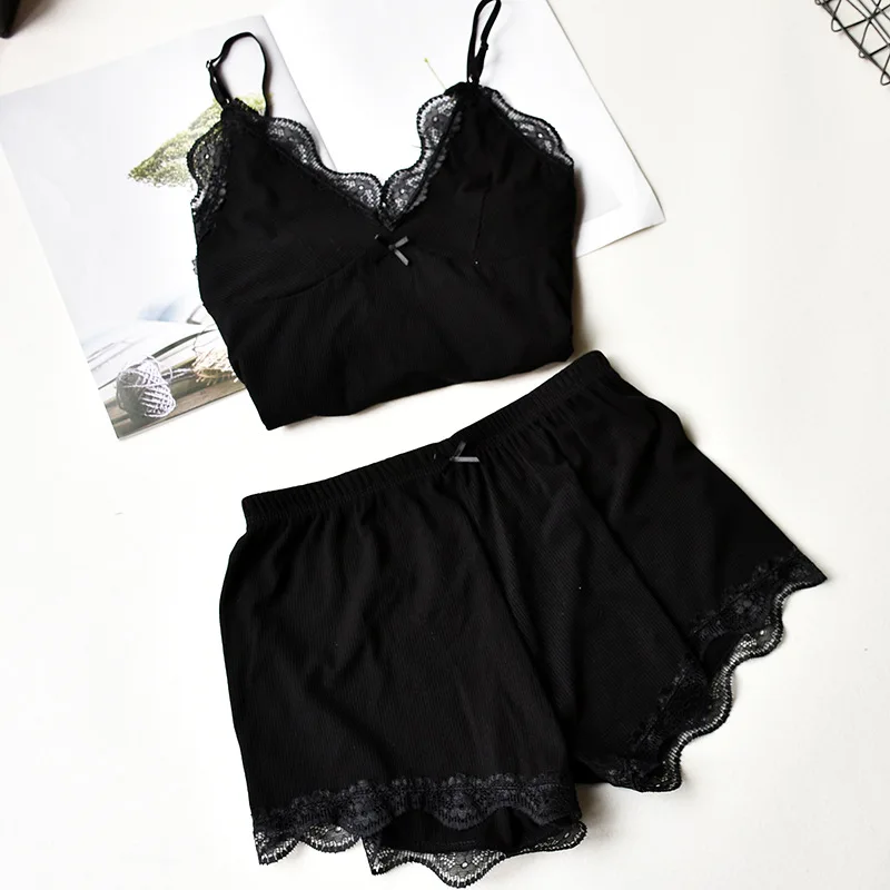 Two Piece Cotton Pajamas Set for Women Sexy Lace Top And Shorts Pajama Sets Spaghetti Strap Sleepwear High Elastic Woman Clothes women pajamas set women pajama suit cotton pajamas set