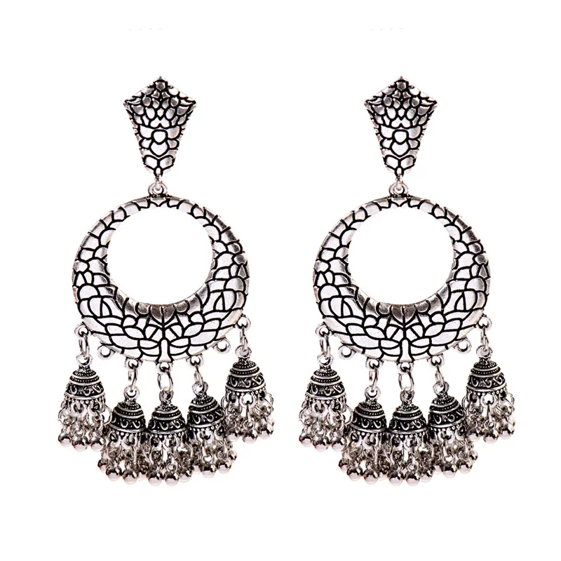 Women's Vintage Ethnic Gypsy Silver Flower Indian Earrings Boho Jewelry Ladies Retro Round Bell Tassel Jhumka Earrings