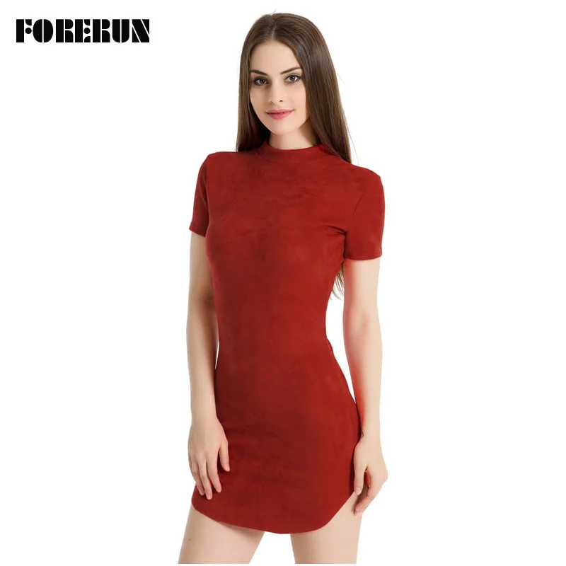 FORERUN, женское Замшевое платье, водолазка, короткий рукав, зимние платья, мини, на молнии, облегающее, красное, чистое, Vestidos De Festa Robe Femme