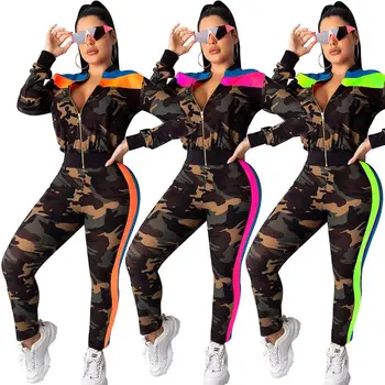 

ZITY Casual Sexy Autumn Winter Camo Tracksuit Women Set Outfit Zipper Short Jacket Pants Two Pieces Suits Workout Sportwear