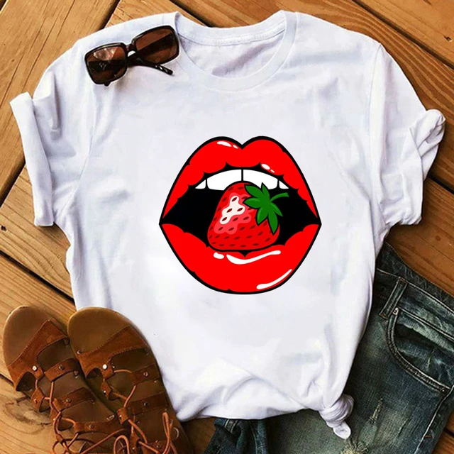 Women Tops O-neck Sexy Black Tees Kiss Lip Funny Summer Female Soft T Shirt Lips Watercolor Graphic T Shirt Top9180 3943-white