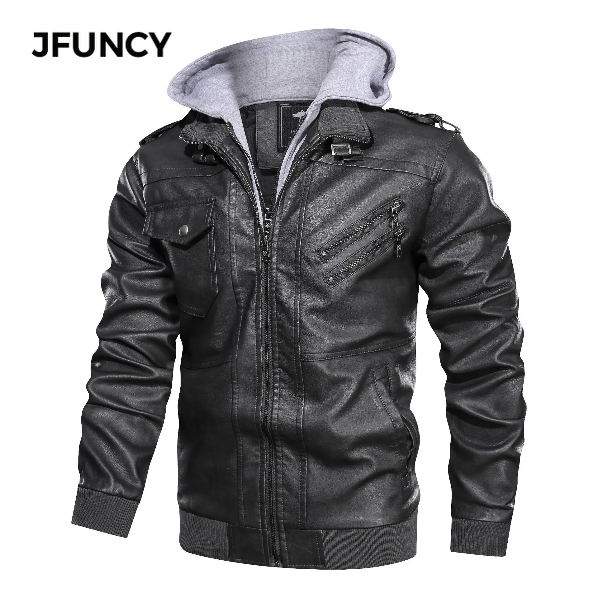 JFUNCY, зимние мужские кожаные куртки, мужские повседневные пальто с капюшоном, Мужская мотоциклетная Байкерская кожаная куртка, верхняя одежда, Jaqueta Couro