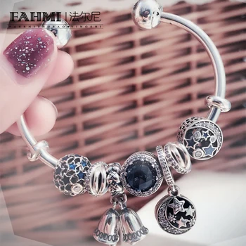 

2020 100% 925 Sterling Silver Winter Christmas Bracelet Set Star Moon Wind Chimes Ocean Heart Charm Women Original Jewelry
