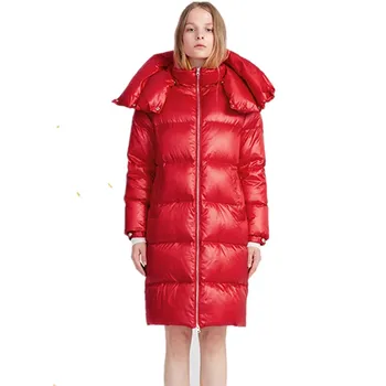 

Winter red double-layer scarf collar style down jacket female long warm jacket fluffy bread style duck down coat for cold F234