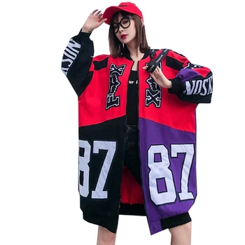 

QING MO Spring Women Baseball Coat 2020 Women Patchwork Color Coat Female Number Printed Outwear Wide Waisted ZQY3044