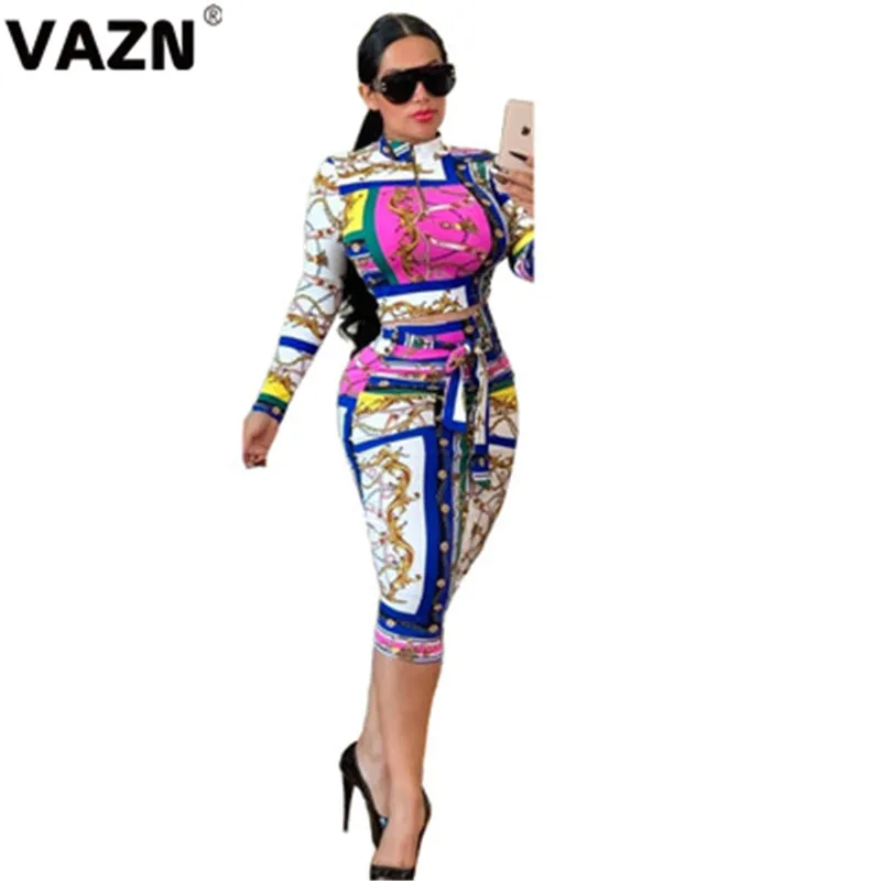 VAZN OJS9167 белый модный элегантный Drees Повседневный Женский комплект из 2 предметов с принтом Топ с длинным рукавом и круглым вырезом Платье До Колена Женский комплект - Цвет: Белый