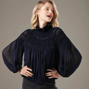 

2020 Spring Silk Shirts Women's Loose-Fit 100% Mulberry Silk Flounced Collar Western Style Tops