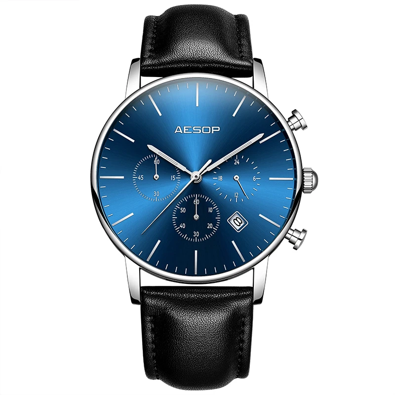 

Aesop Thin Blue Watch Men Sport Quartz Wristwatch Leather Band Male Clock Wrist Waterproof Relogio Masculino Hodinky 1005g