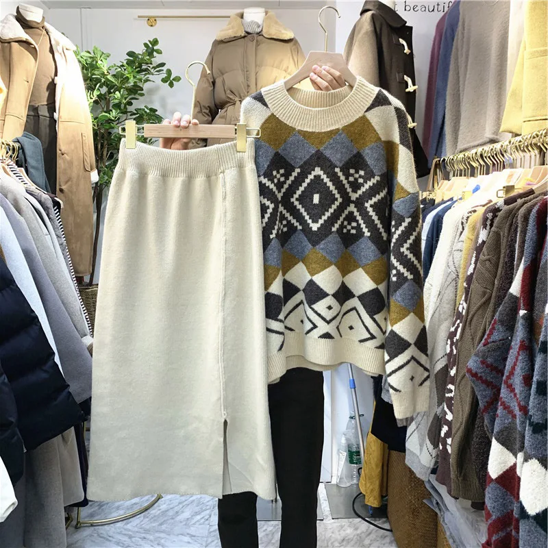Neploe, женский свитер, юбка, Осень-зима, комплекты, Argyle, контрастный цвет, пуловер, трикотаж+ юбка с разрезом до колена, модные костюмы 56375