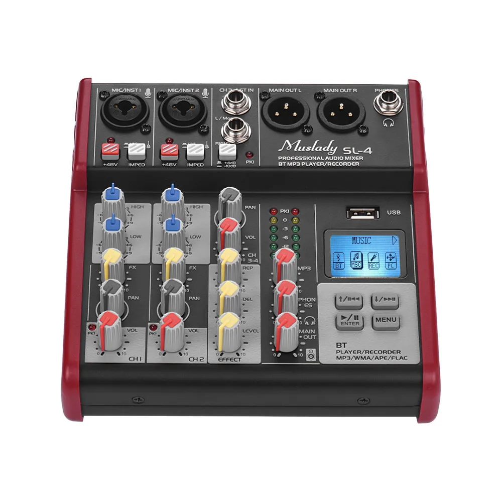 Muslady SL-4 Compact Size 4-Channel Mixing Console Mixer 2-band EQ Built-in 48V Phantom Power Supports BT Connection USB