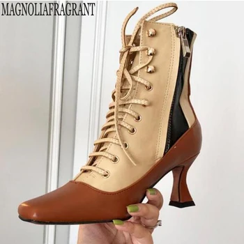 

new British style square head boots female stiletto color matching short boots with side zipper retro boots woman shoes y820