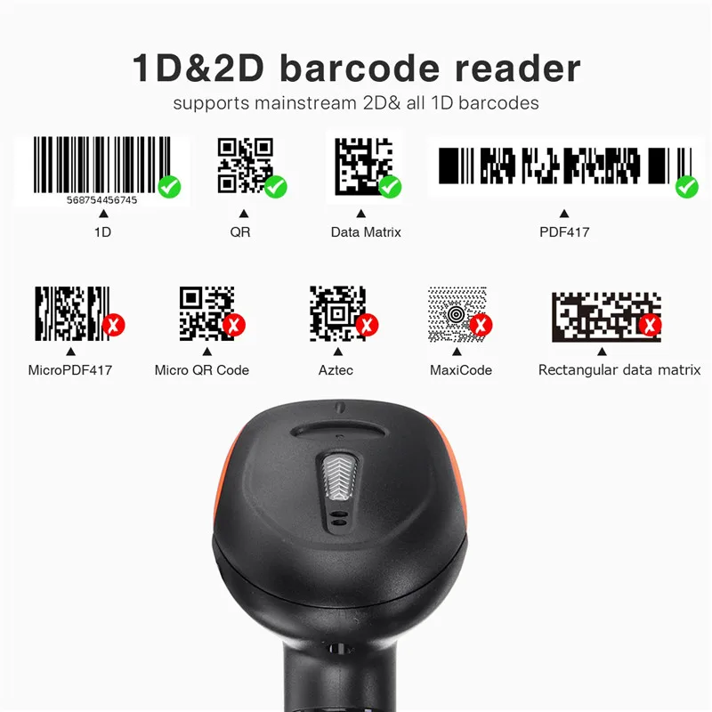1D/2D сканер штрих-кода Портативный 2,4G USB Беспроводной ручной лазерный сканер штрих кода светильник сканер для супермаркета магазин Win XP/7/8/10 портативных ПК POS