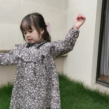 Милое Пышное Платье в Корейском стиле для девочек модные бархатные с круглой горловиной и цветочным раза длинное платье в деревенском стиле для детей из чистого хлопка свободное платье