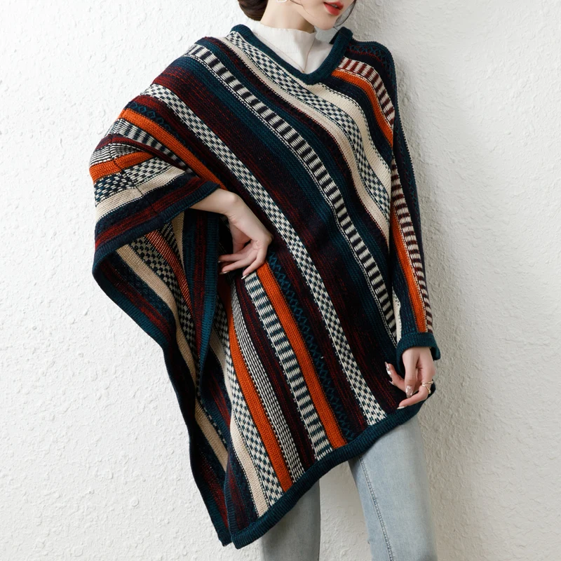 

2024 vintage Cape Shawl Fashion Pullover Sweaters Loose Spring Autumn Women's Clothing Knitted Tops Soft Waxy Outer Cape D1502