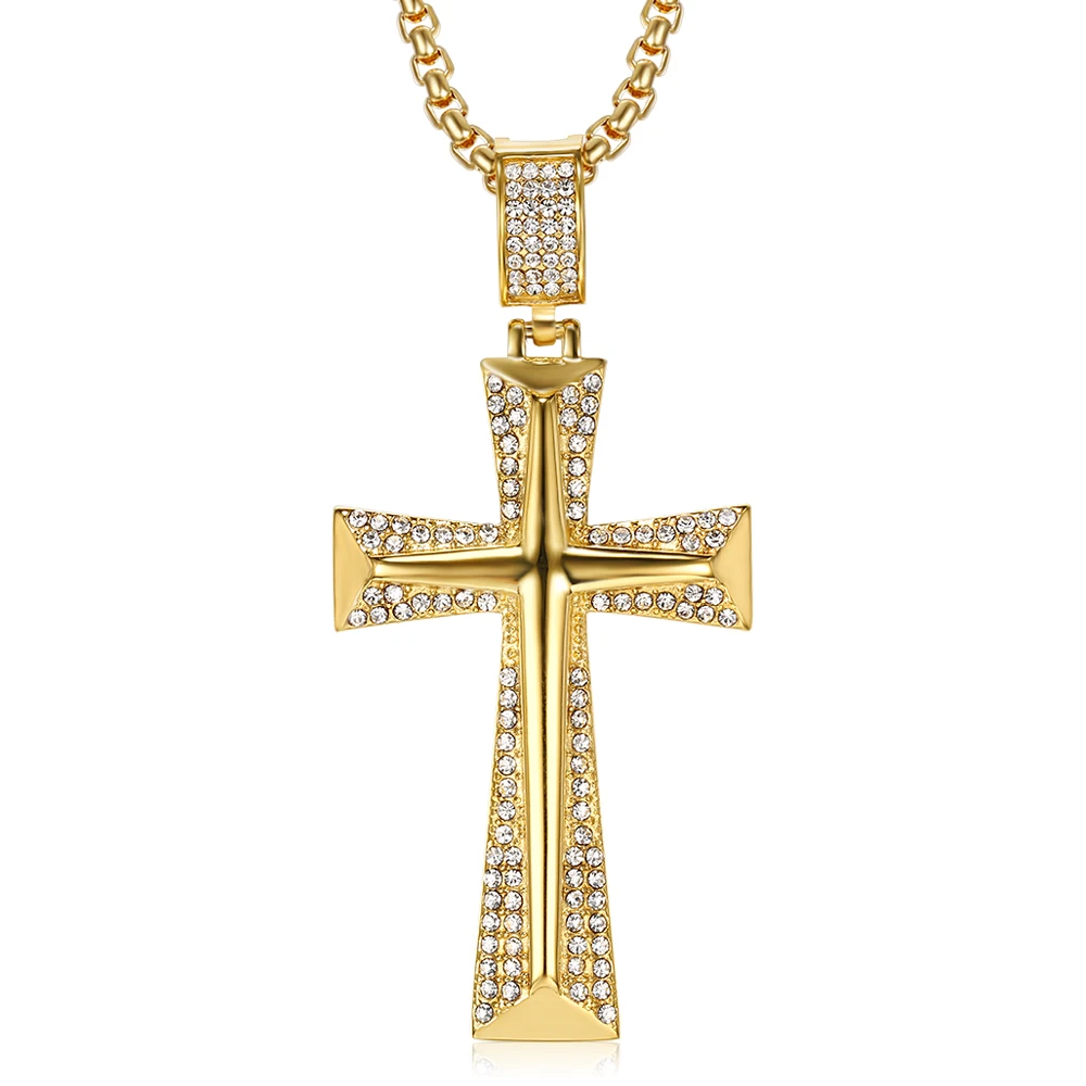 

Hip Hop Iced Out Bling Cross Pendant Necklaces For Men Gold Color Stainless Steel Crucifix Male Christian Jewelry Dropshipping
