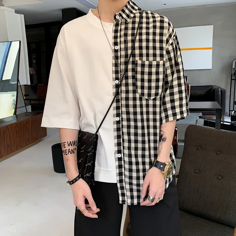 Men S Plaid Shirt Spliced Design Clothing Fashion Korean Style Shirts