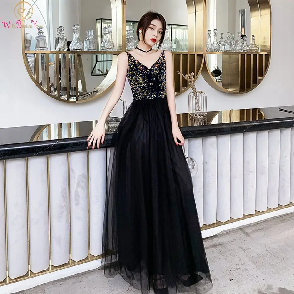 

Black V-Neck Evening Dresses 2020 New Women Spaghetti Straps Sequined abendkleider Formal Party Long Prom Gowns robe de soiree