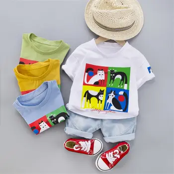 

Baby Boys Girls Cotton Clothes Summer Children Printed Cartoon cat T Shirt denim Shorts 2Pcs/sets Infant Kids Toddler Tracksuits