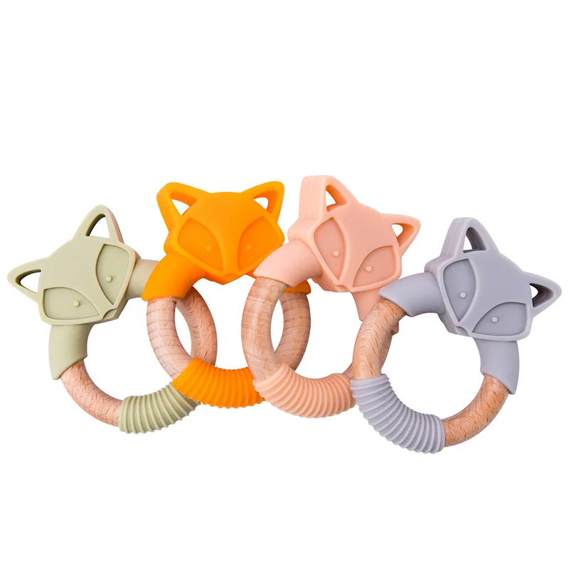 

5pc Silicone Baby Teether Fox Animals Wooden Rings Teether Rodents Beech Wood Rattles Chew Fox Rings Baby Products