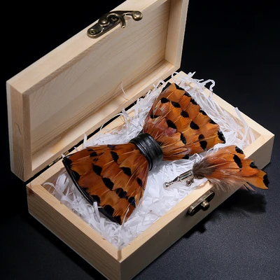 set A in wooden box Новинка,, модные мужские, мужские, Природные Перья, ручная работа, свадебные, красные, коричневые, мужские, для родителей, Детский галстук-бабочка, вечерние - Цвет: set A in wooden box