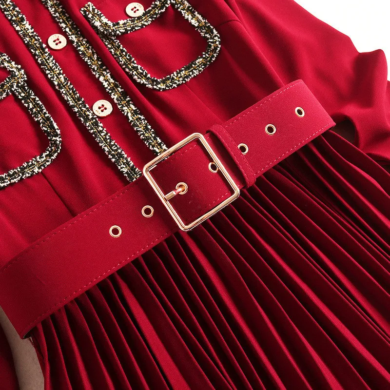 Модное осеннее женское платье Vestidos, новинка, дизайнерское платье с длинным рукавом и отложным воротником, однотонное повседневное плиссированное платье до середины голени с поясом