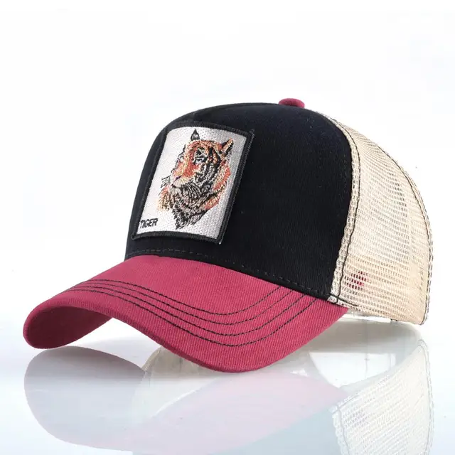Fashion Animals Embroidery Baseball Caps Men Women Snapback Hip Hop Hat Summer Breathable Mesh Sun Gorras Unisex Streetwear Bone Red2 Tiger