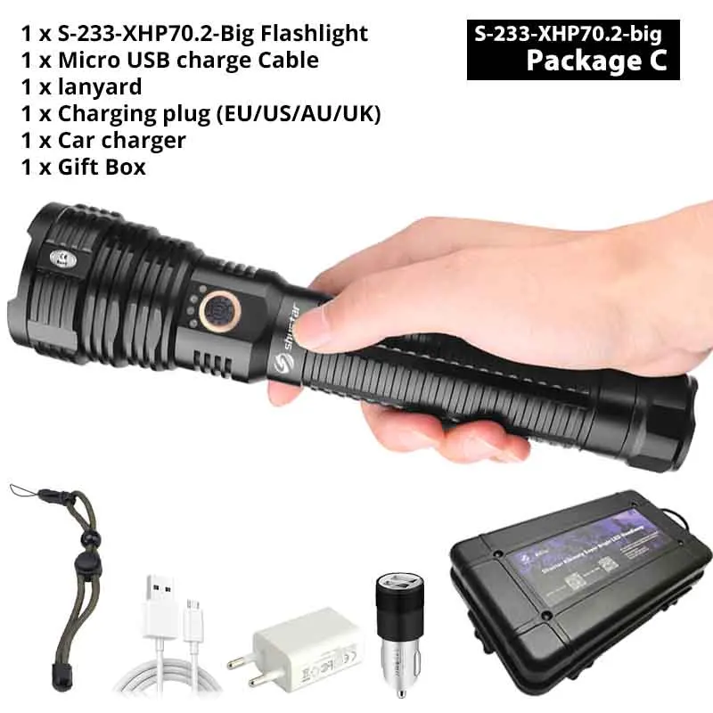 Мощный светодиодный светильник-вспышка XHP70.2, перезаряжаемый через USB, тактический фонарь, водонепроницаемый, с увеличением, 5 режимов, высокомощный, уличный светильник - Испускаемый цвет: S-233-Big-C