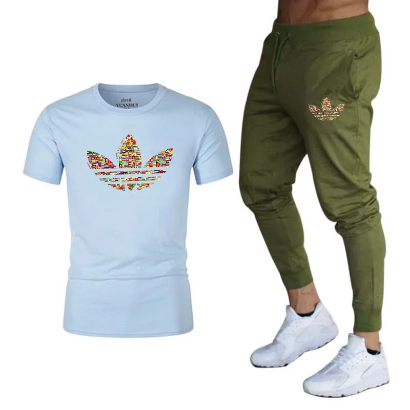 men's casual suit brand spring and summer top short suit for men O collar fashion 2 T-shirt and trousers sport suit