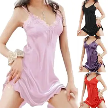 

Leisure Womens Lace Stitching V-neck Strappy Sexy Nightgowns Solid Color Mini Nightdress High Quality Lace Babydoll Sleepwear