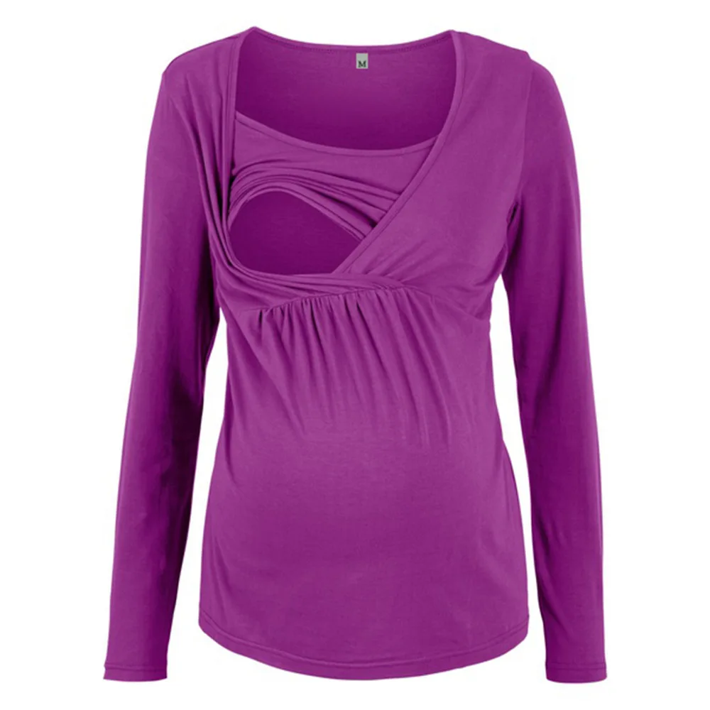 Повседневные топы для беременных, футболка для грудного вскармливания с длинным рукавом, однотонная женская Футболка для беременных, осенняя Пижама для беременных, футболка D35 - Цвет: Фиолетовый