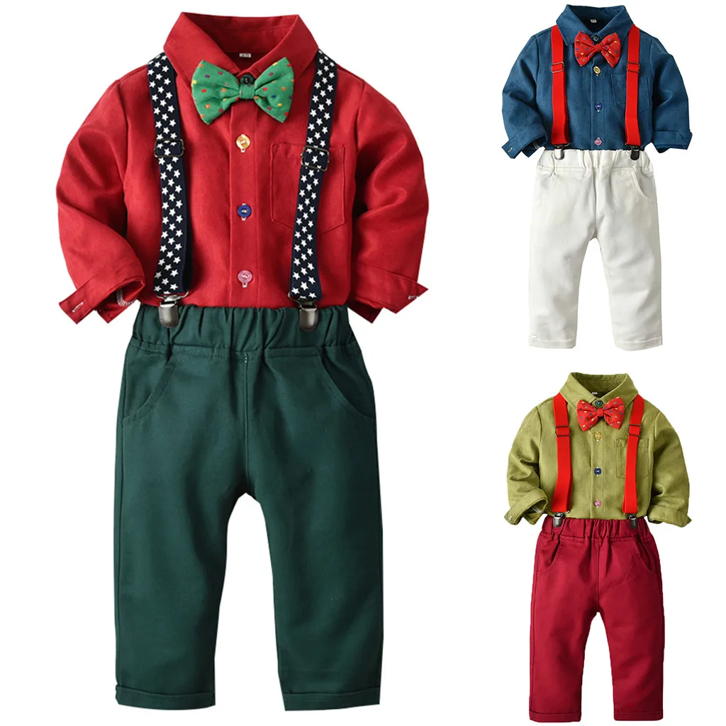 

Toddler Boy Clothes Gentleman Bow Tie Suit T-Shirt Tops+Dot Suspender Pants Outfits Children's Costume For Boy 1 2 3 4 5 Years