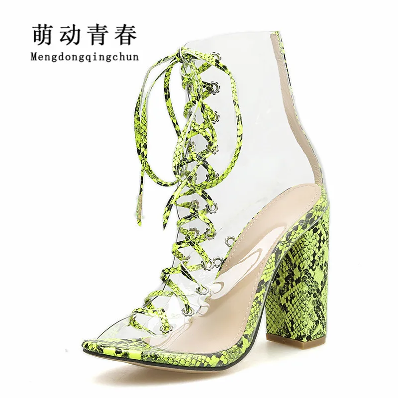 Tanie Wyczyść pcv kobiety pompy sandały masywne obcasy czółenka sznurowane Mujer panie Snkake druku letnie buty Party kobiety pompy zielone Zapatos