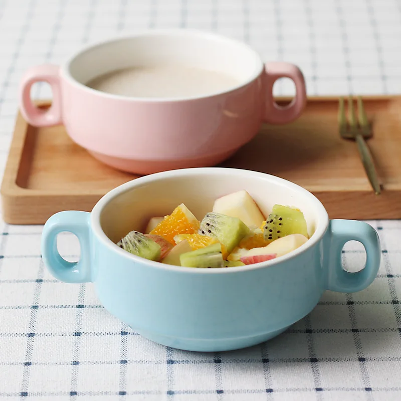 

Ceramic Noodle Bowl With Handle Candy Color Children Kids Soup Rice Feeding Bowl Food Container Home Tableware 1PC