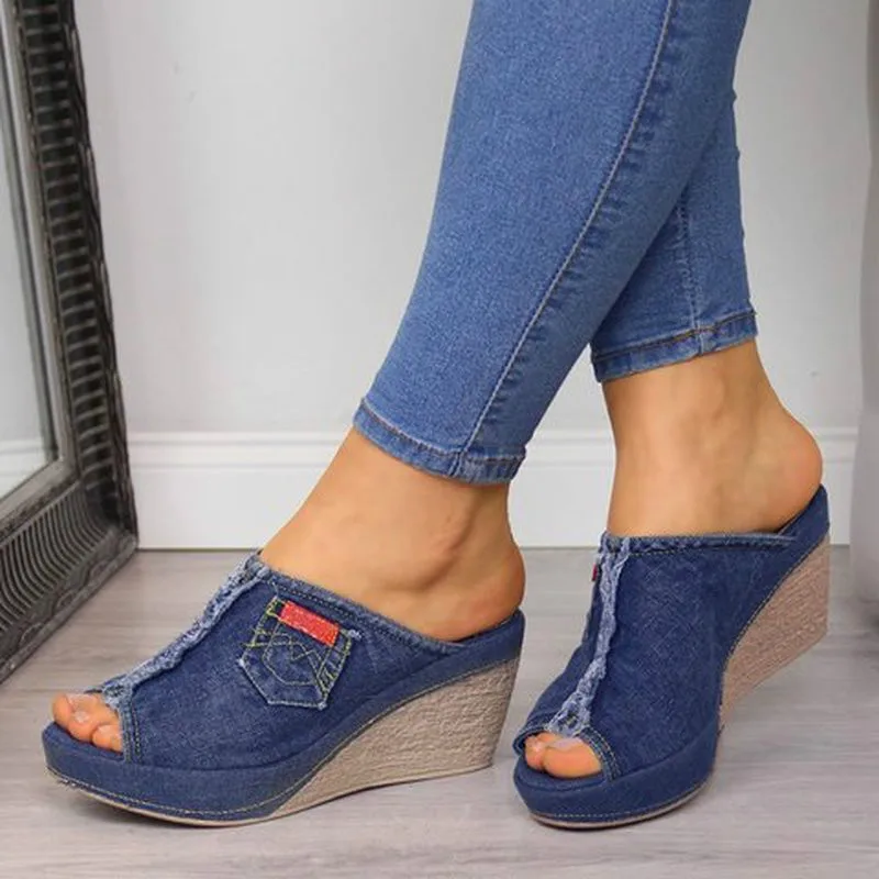 Denim peep toe wedges Clearance