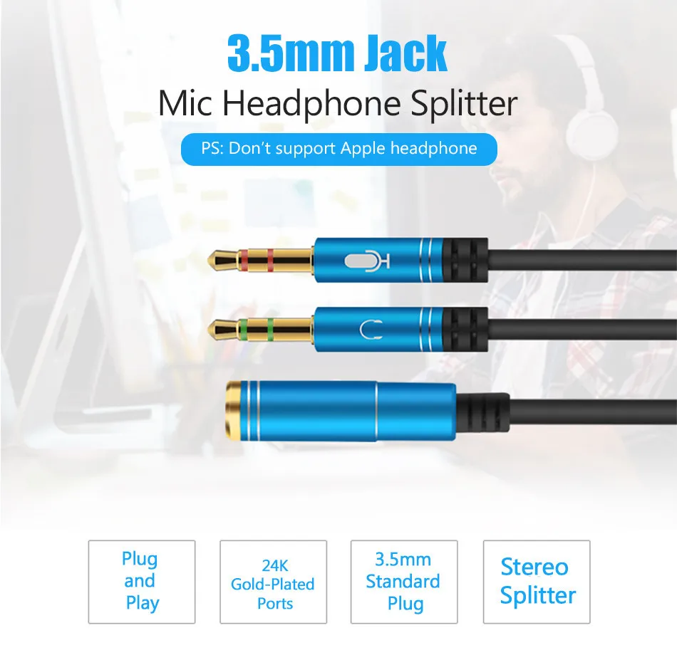 3 5mm Jack Mic Headphone Splitter Cable for Computer 3 5mm Female to 2 Male Audio Y Splitter Cable Headset to PC Adapter 0 3M