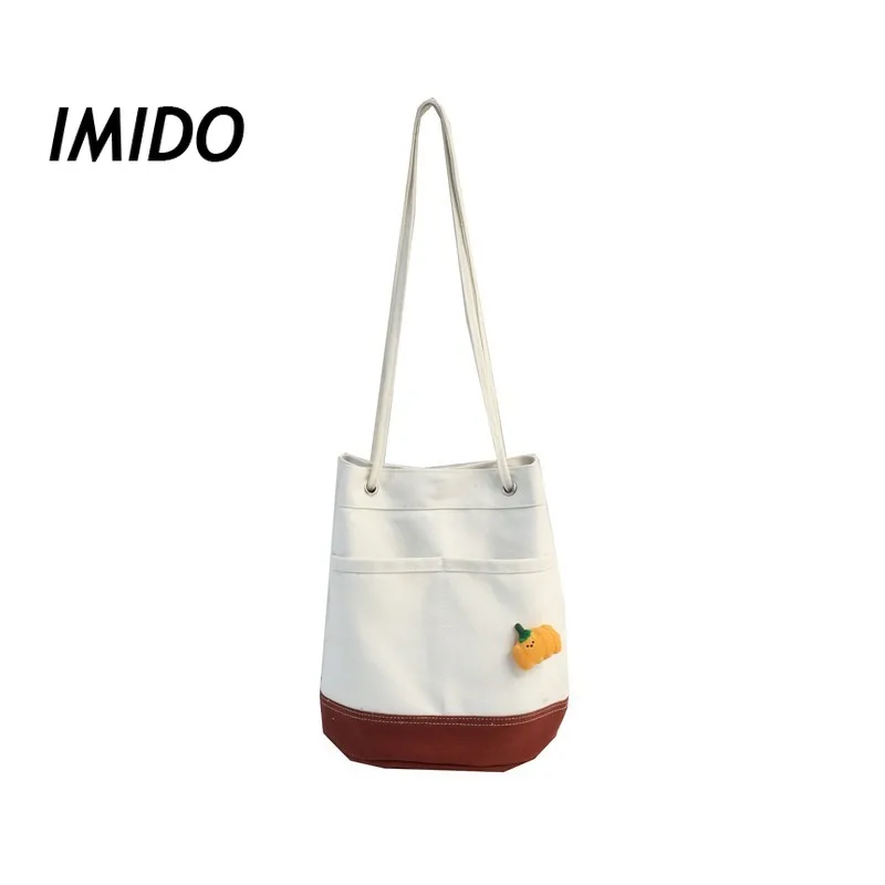 

Casual Contrast Canvas Bucket Bag Women's Simple Messenger Canvas Bag Student Fashion Wild Magnetic Button Open Shoulder Bag